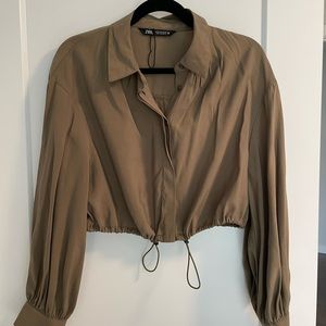 Zara Crop Button Down Shirt with Drawstring - Olive